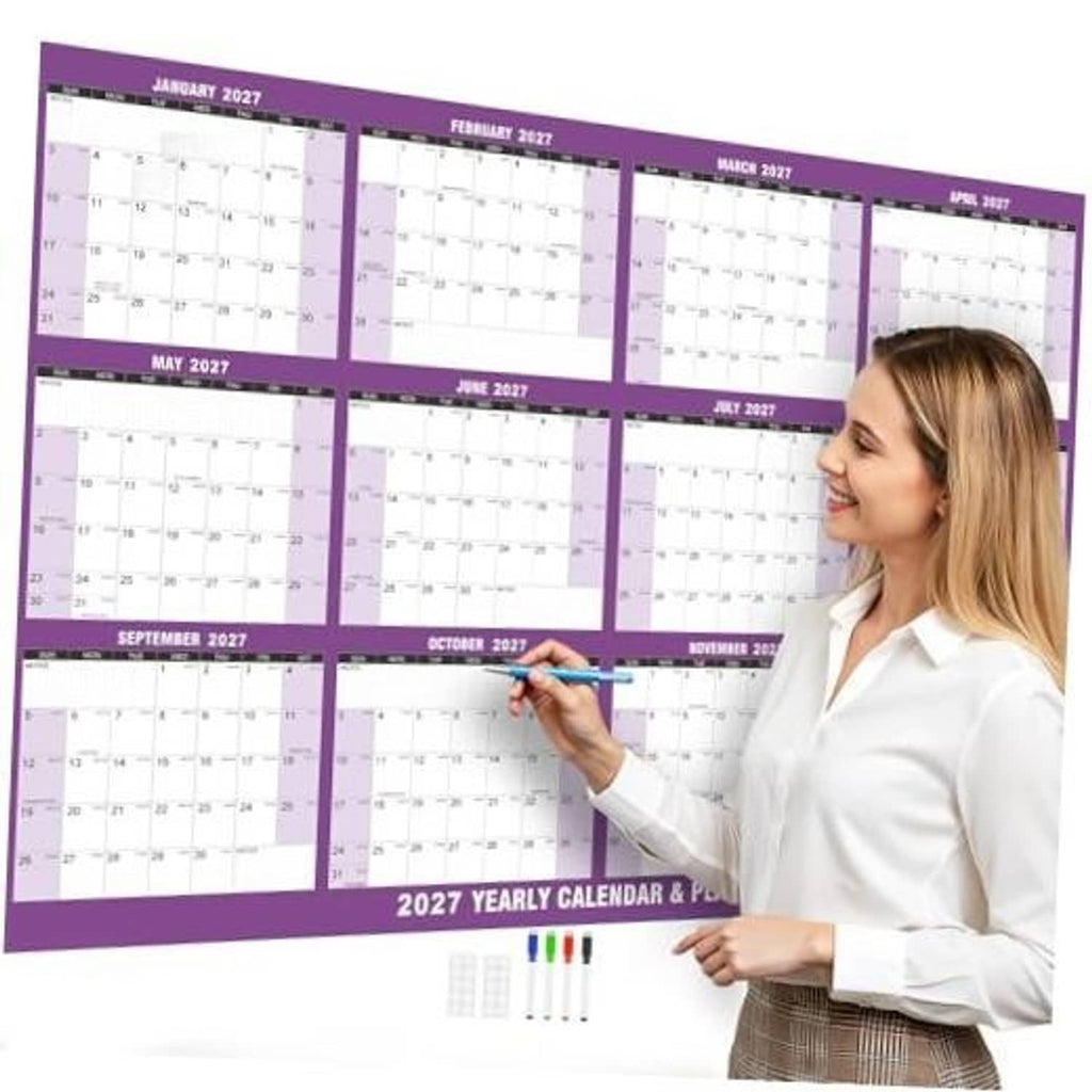 Purple 2027 wall calendar planner with monthly grid and marker writing area