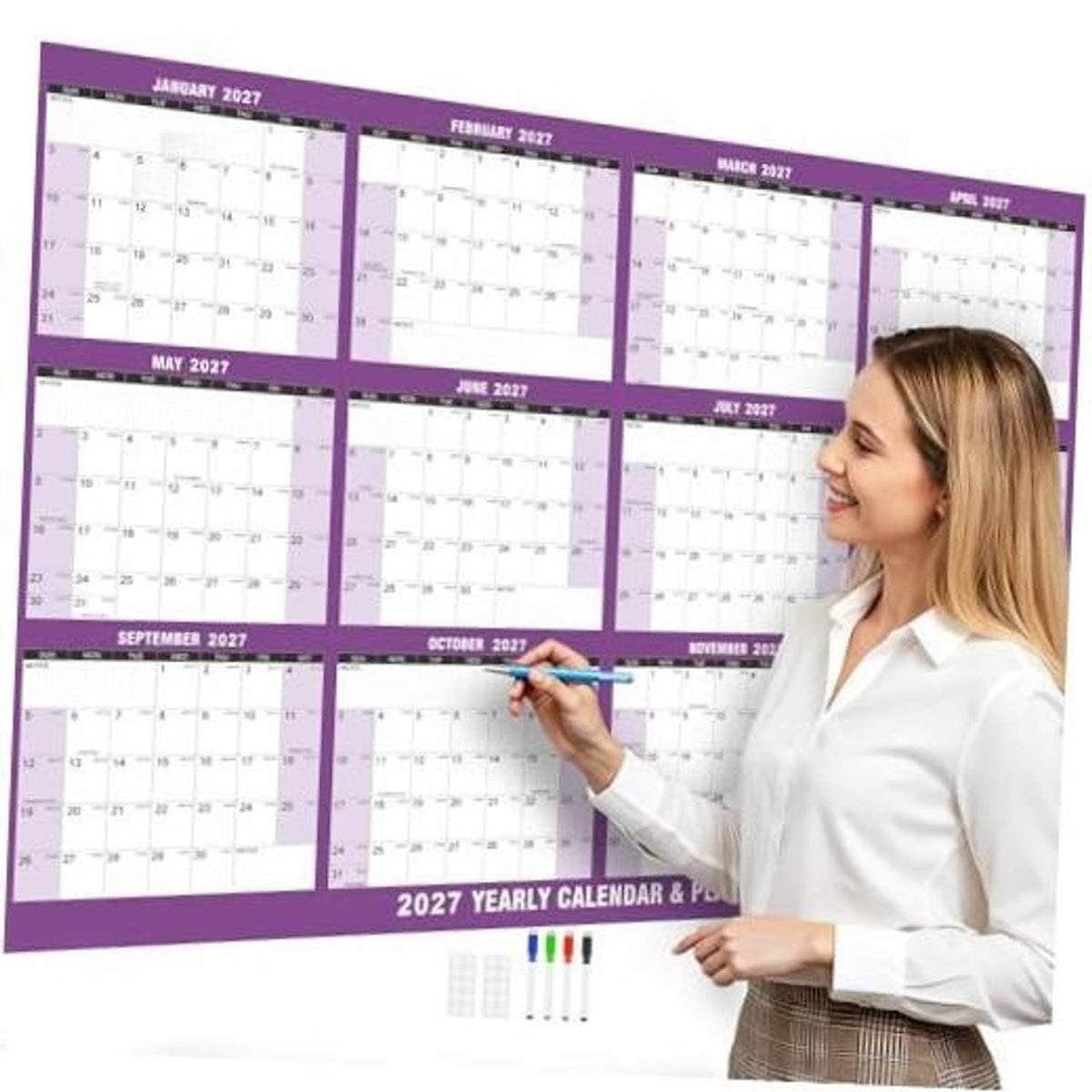 Purple 2027 wall calendar planner with monthly grid and marker writing area