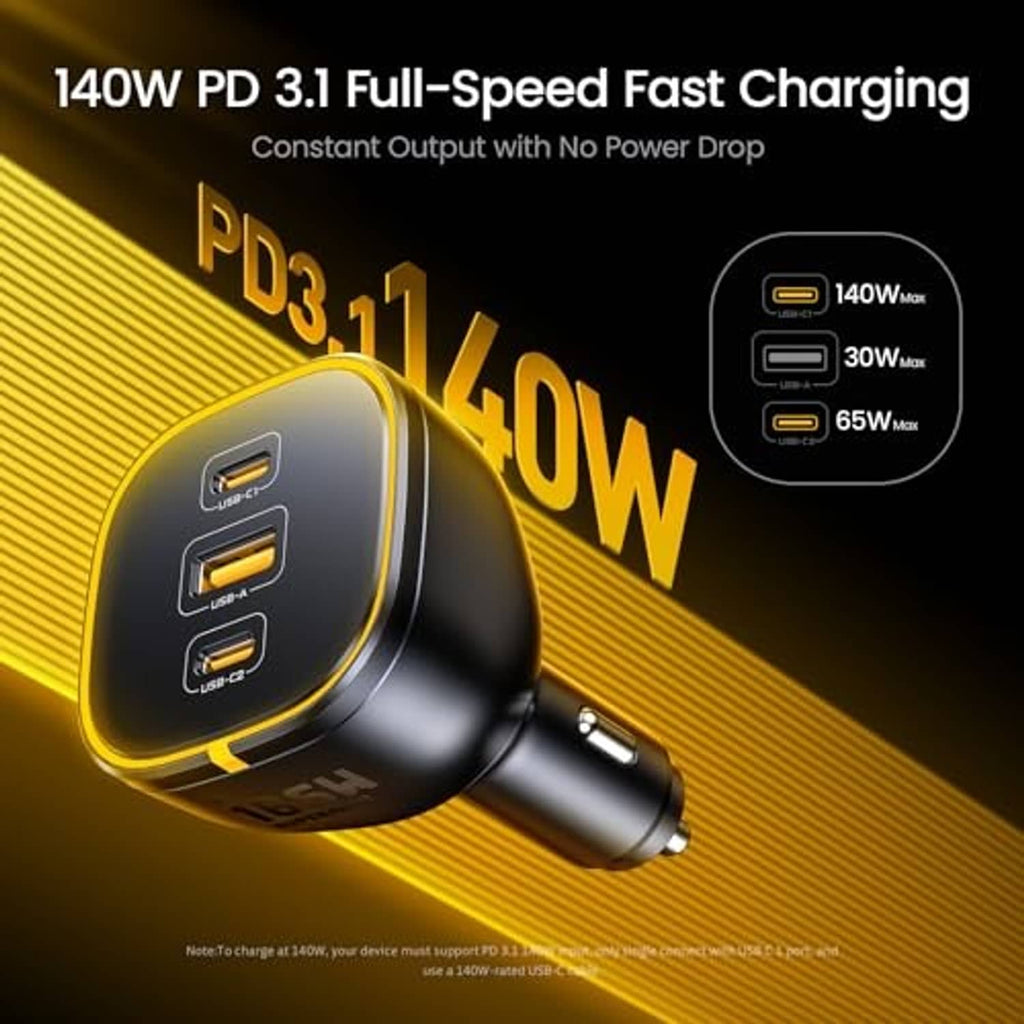 Black car charger adapter with three ports and a yellow ring, angled view.