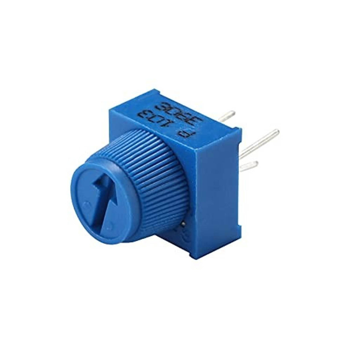 Single blue 3-pin trimpot potentiometer with knurled adjustment knob and two side leads