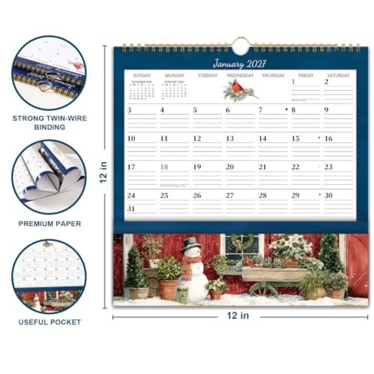 Blue January 2027 wall calendar with hanging loop, pocket area, and ruled writing layout