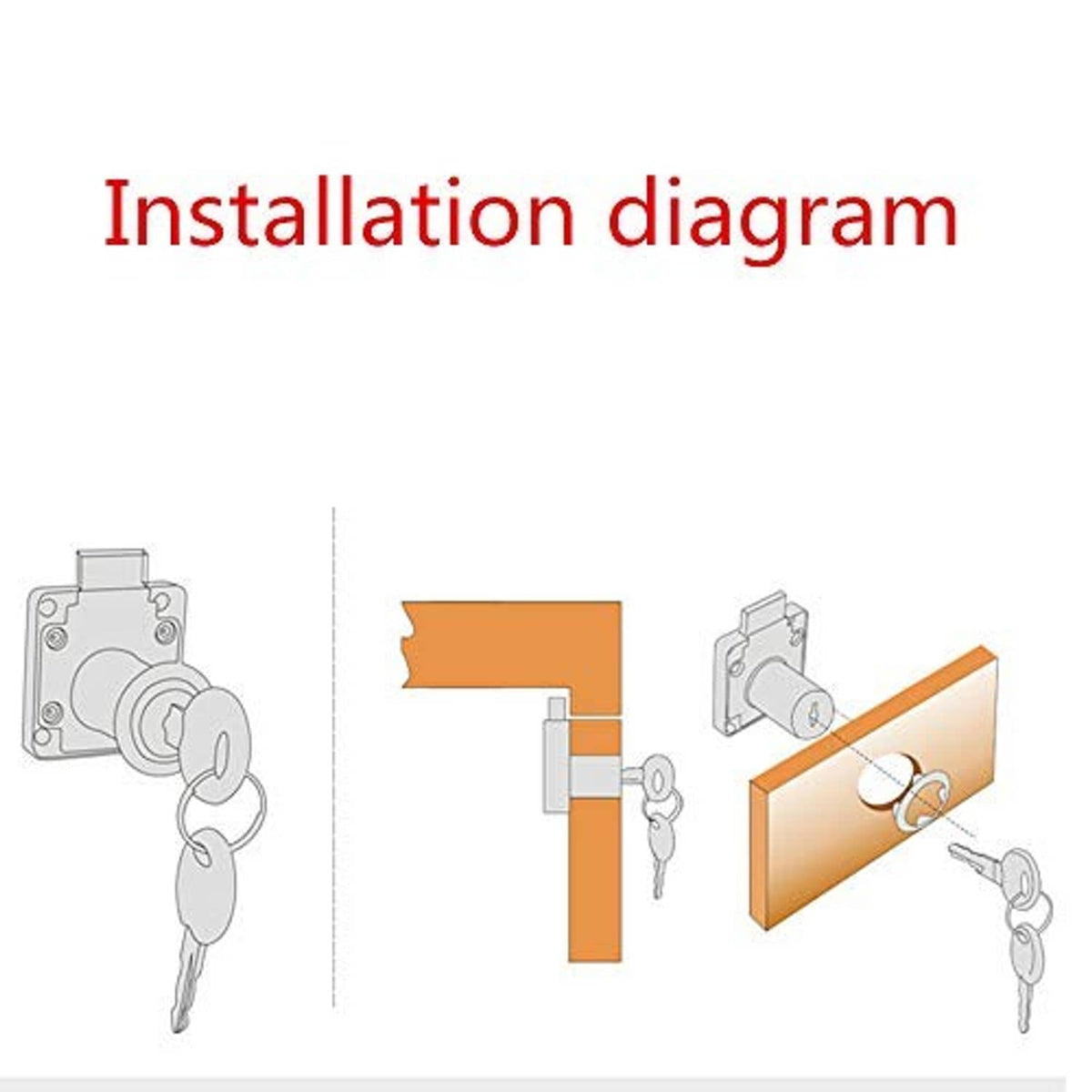 Black lock installation diagram showing latch body and key cylinder