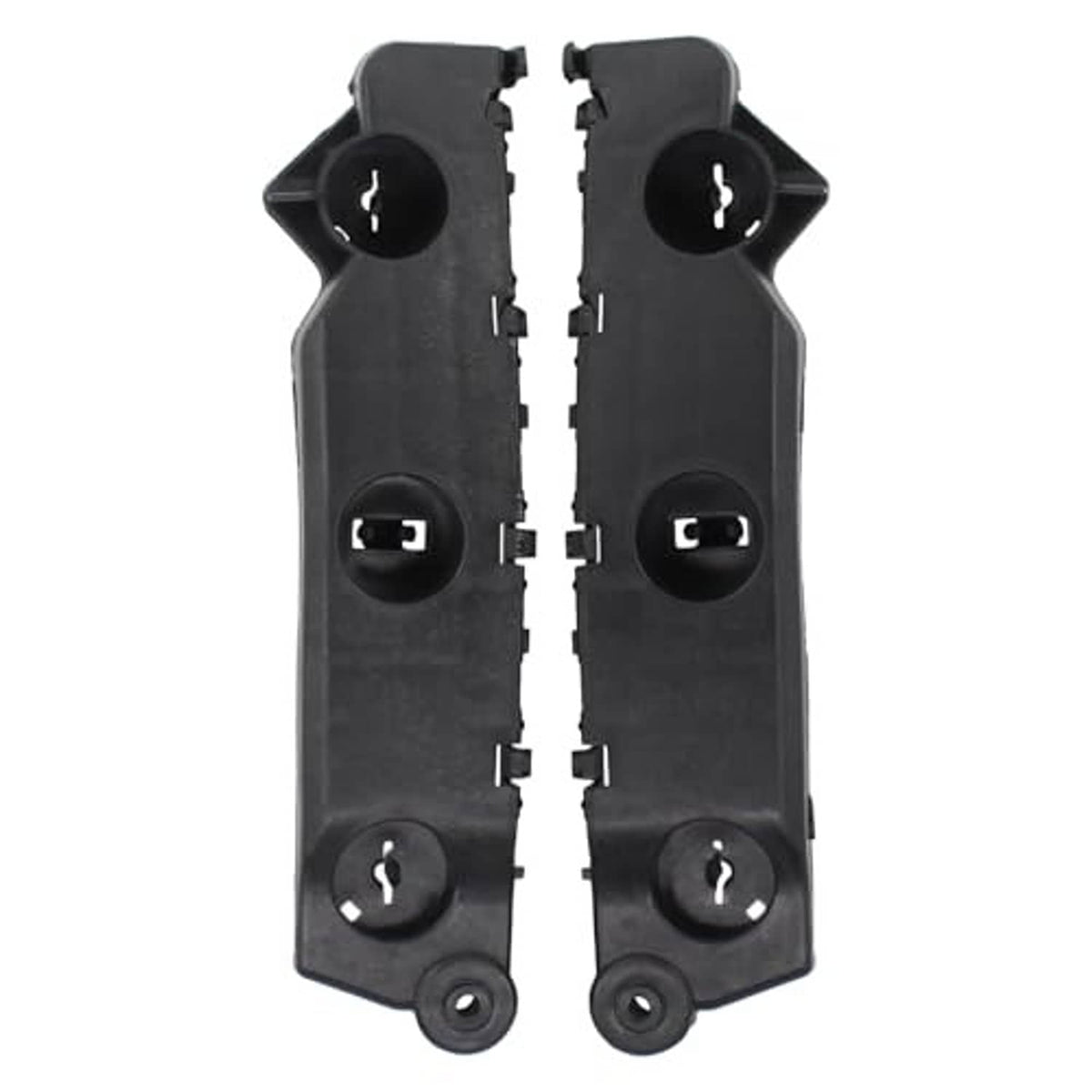 Front bumper bracket pair, black plastic with two large round openings and lower mounting pins.