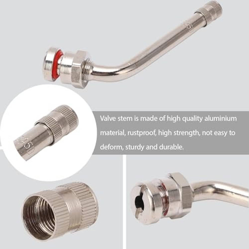 Aluminum-looking valve stem extension with red sealing ring, showing threaded inlet and outlet.
