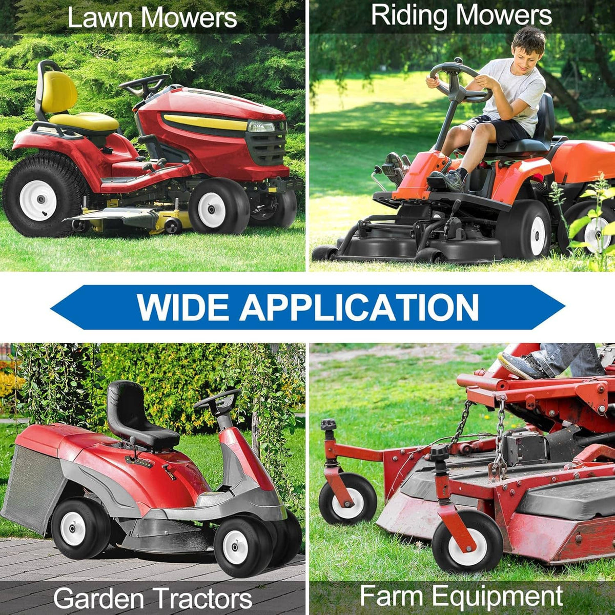 Lawn and riding mower tire applications shown with wheel and solid black tires.