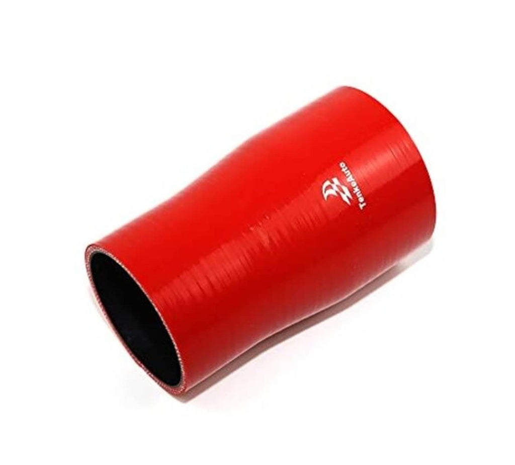 Red silicone hose reducer coupler with black interior, side profile view
