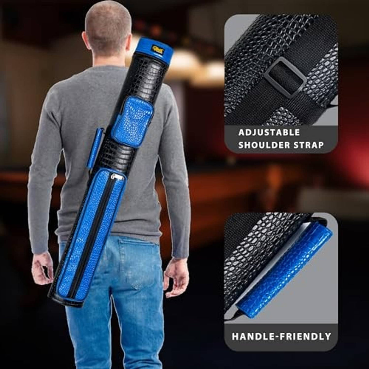 Hard pool cue case with adjustable shoulder strap, black and blue textured finish