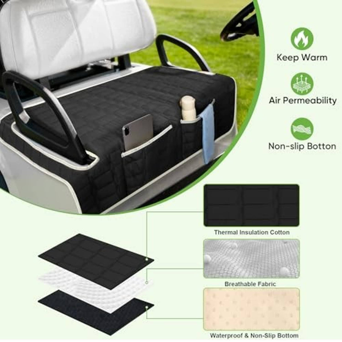 Black universal golf cart bench seat cover with quilted insulation layers and non-slip base.