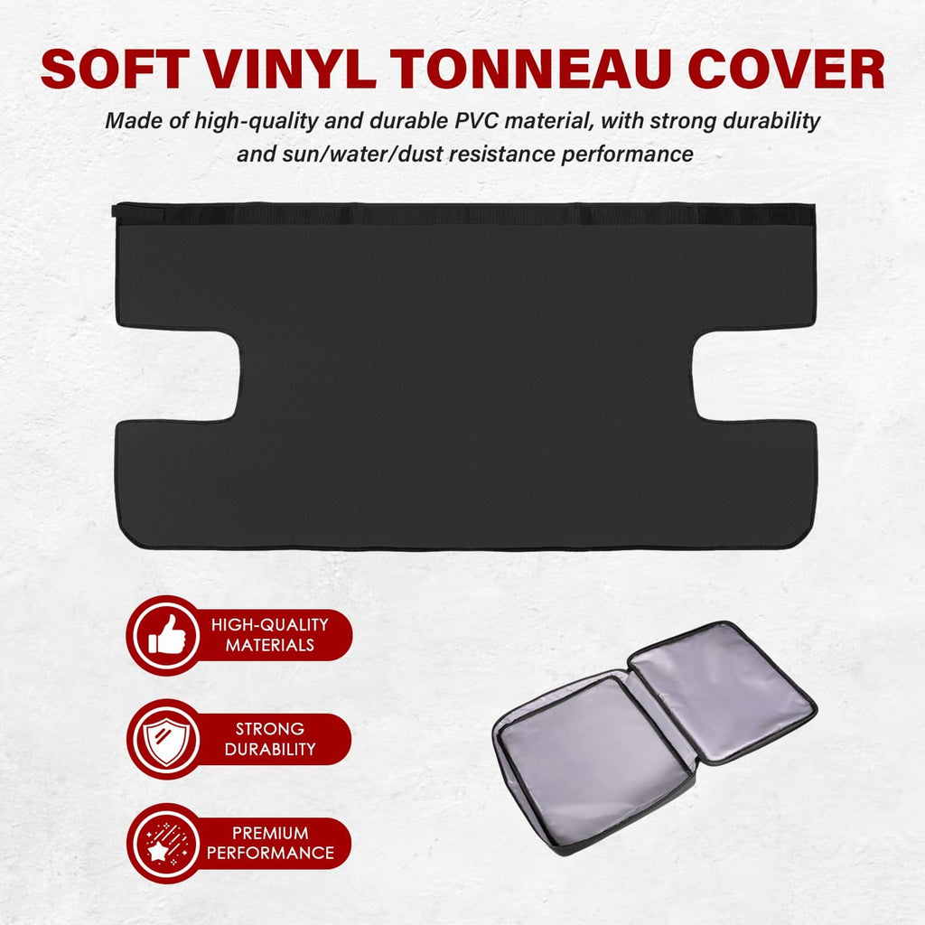 Black soft vinyl tonneau cover with cutout handles for easy fit