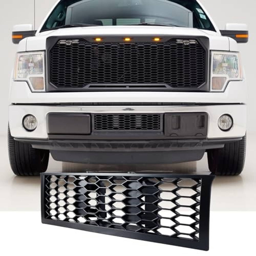 Front bumper lower mesh grille with black hex honeycomb design and silver highlights, rectangular