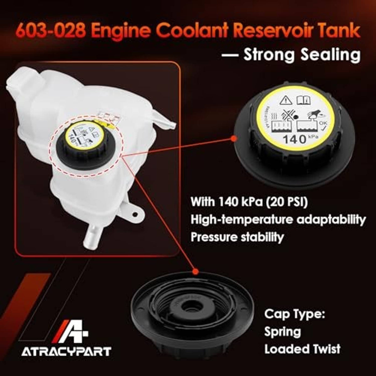 Engine coolant reservoir tank, white plastic, showing cap and spring-style cap base