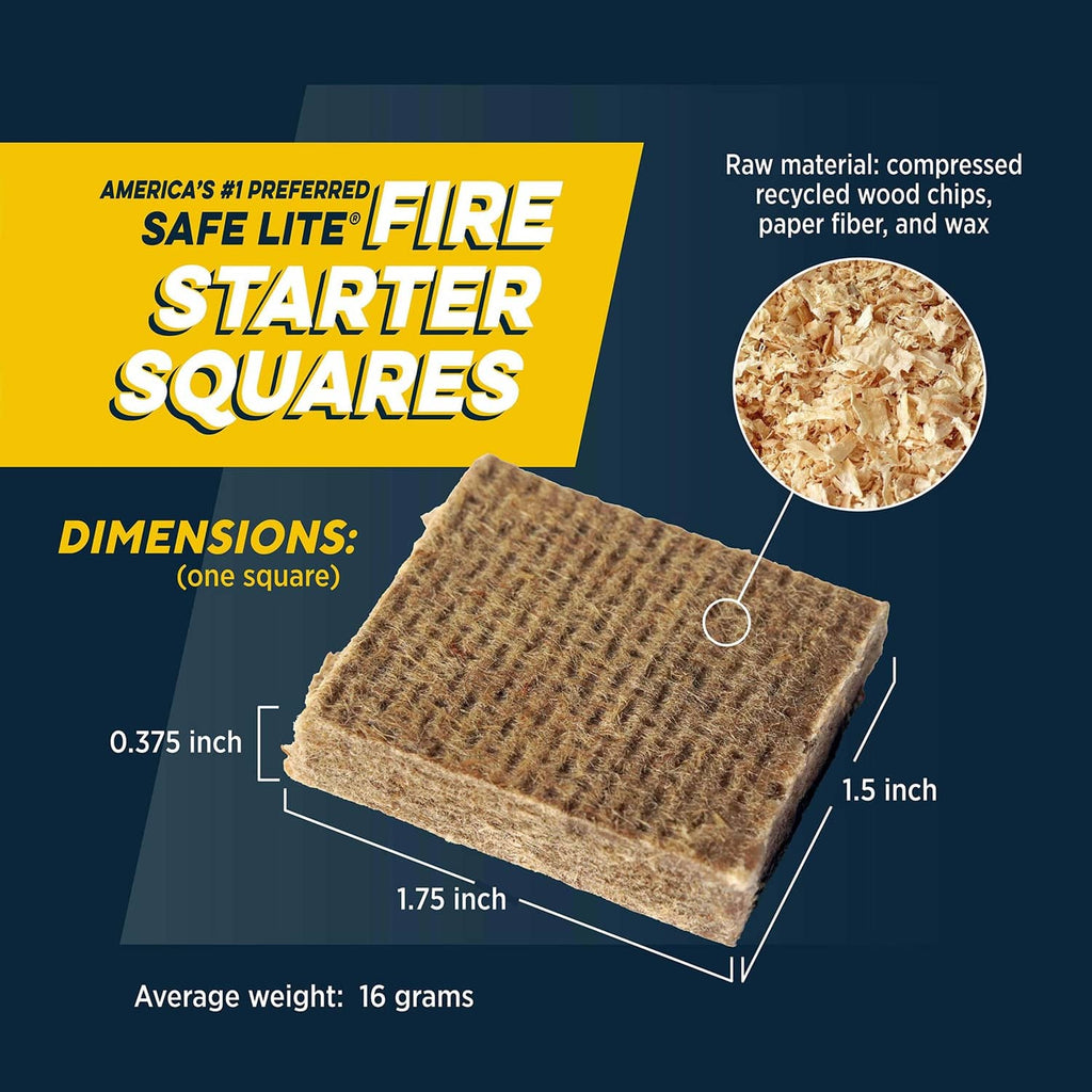 Compressed fire starter tinder square, tan, with size dimensions shown