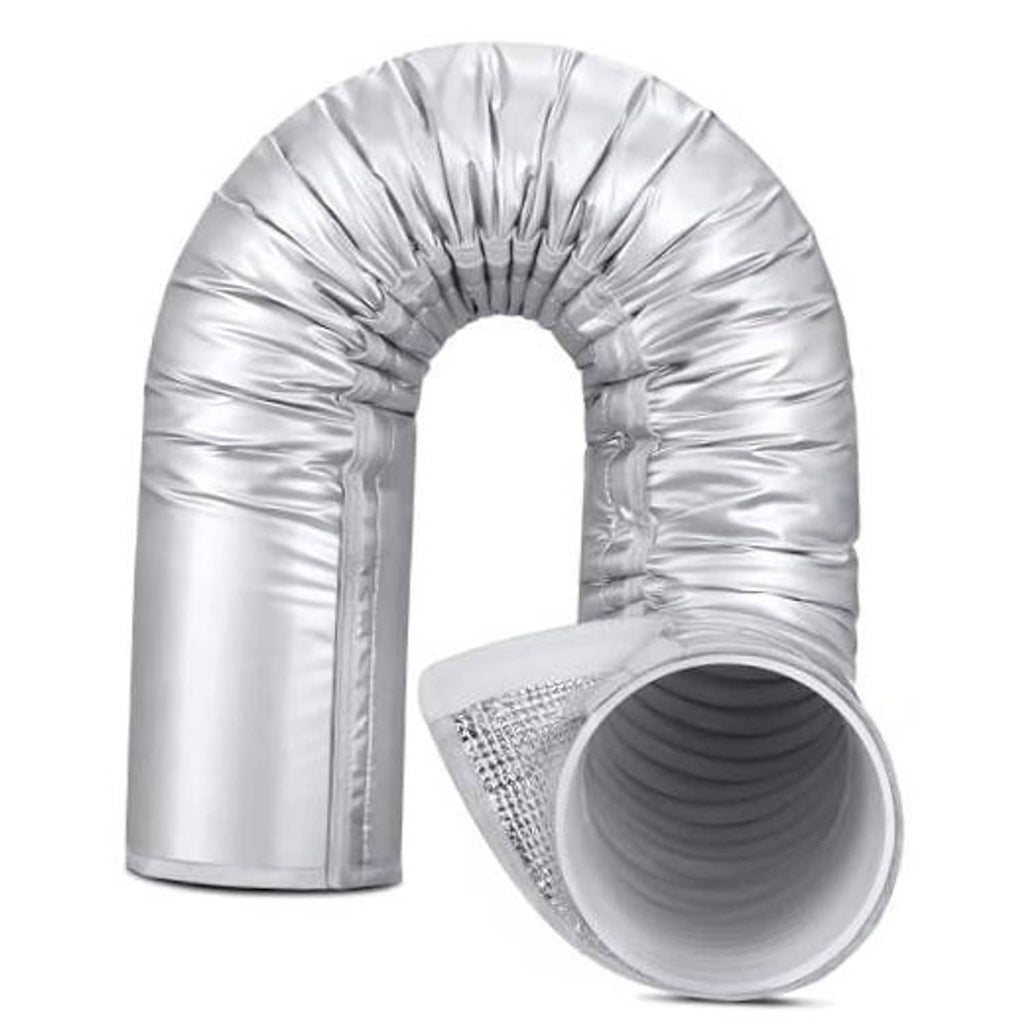 Silver insulated portable AC hose sleeve with curved ends and Velcro strap
