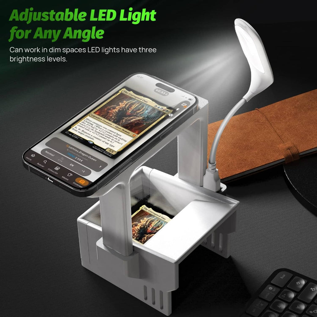 White card scanner stand with adjustable LED light arm over the scanning cradle
