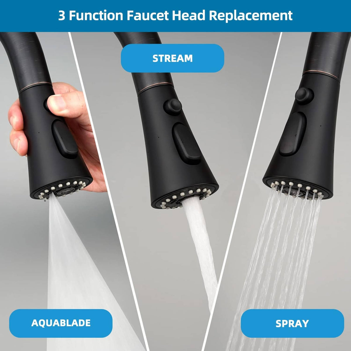 Matte black faucet head replacement producing stream and spray water flows from the nozzle