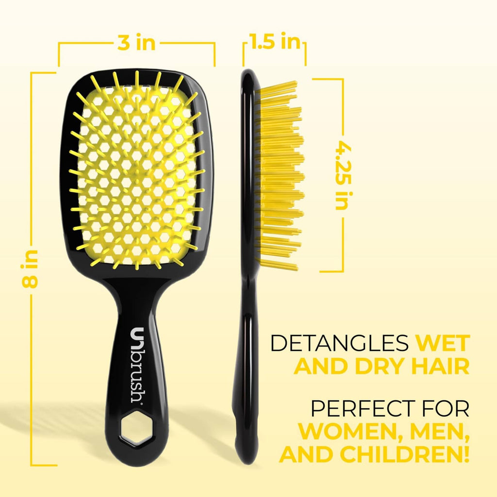 Detangling hair brush with yellow bristles and black handle, side and front views