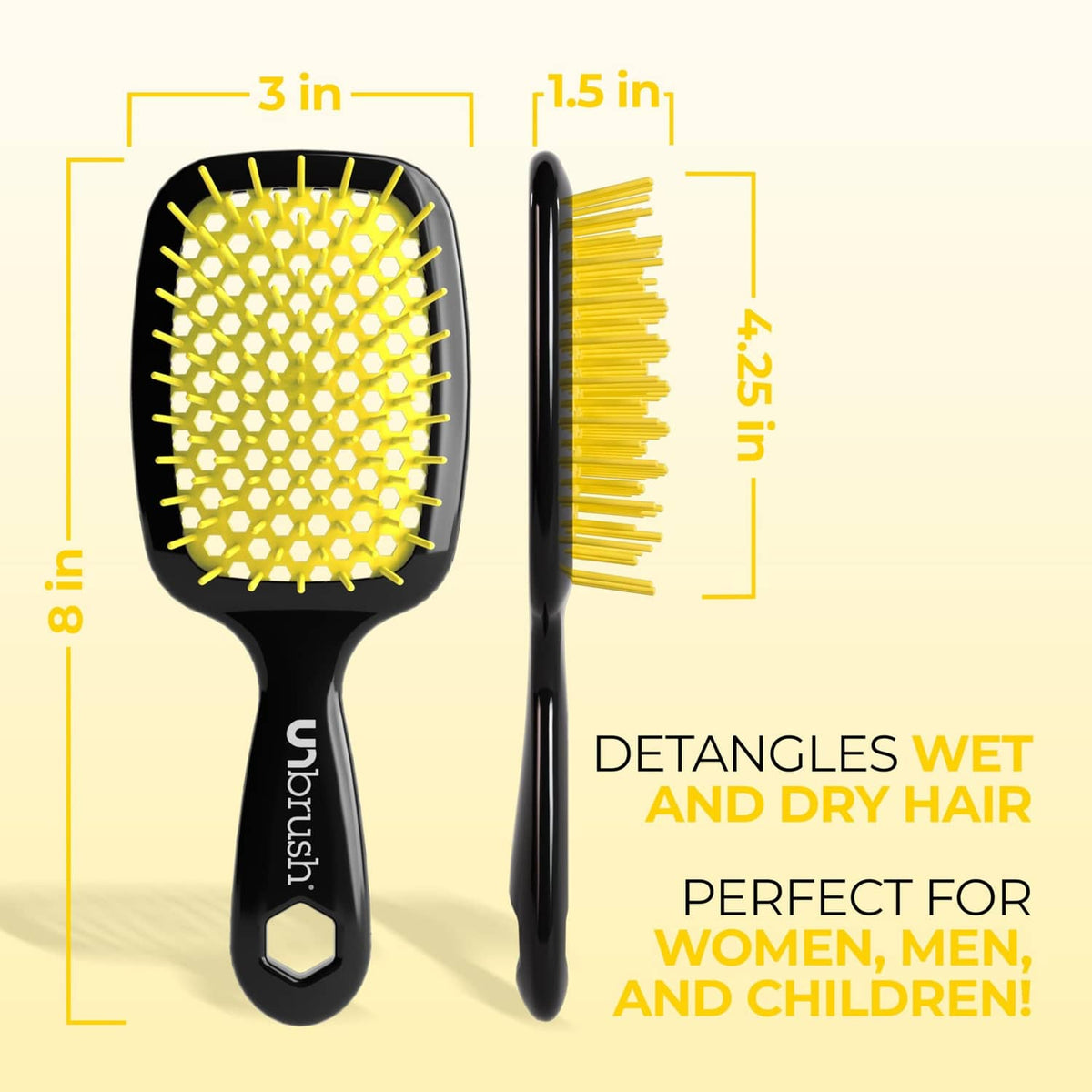 Detangling hair brush with yellow bristles and black handle, side and front views