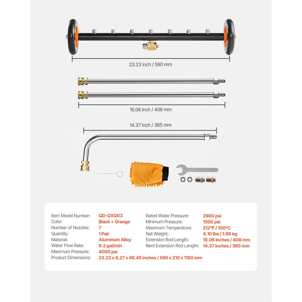 Undercarriage cleaner kit with two extension rods, U-bend wand, orange brush attachment, and parts