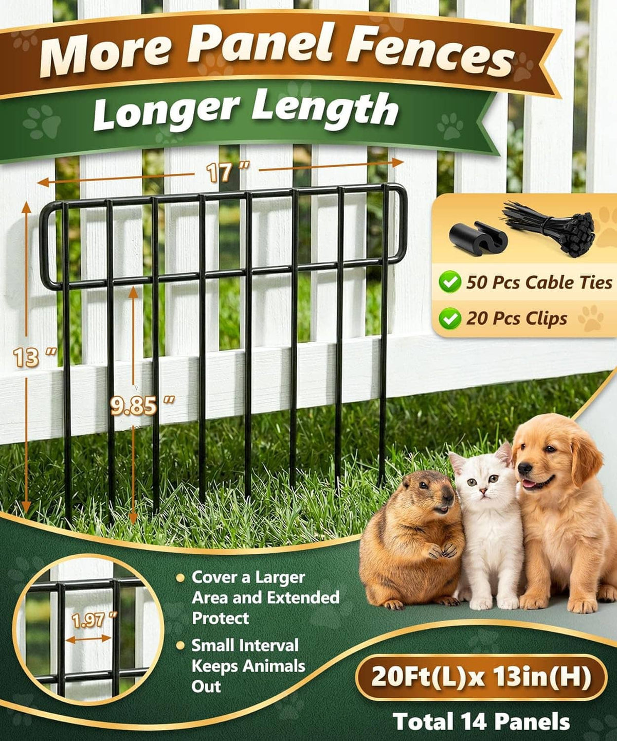 Garden anti-dig fence set with 14 panels, 20 ft length and 13 in height