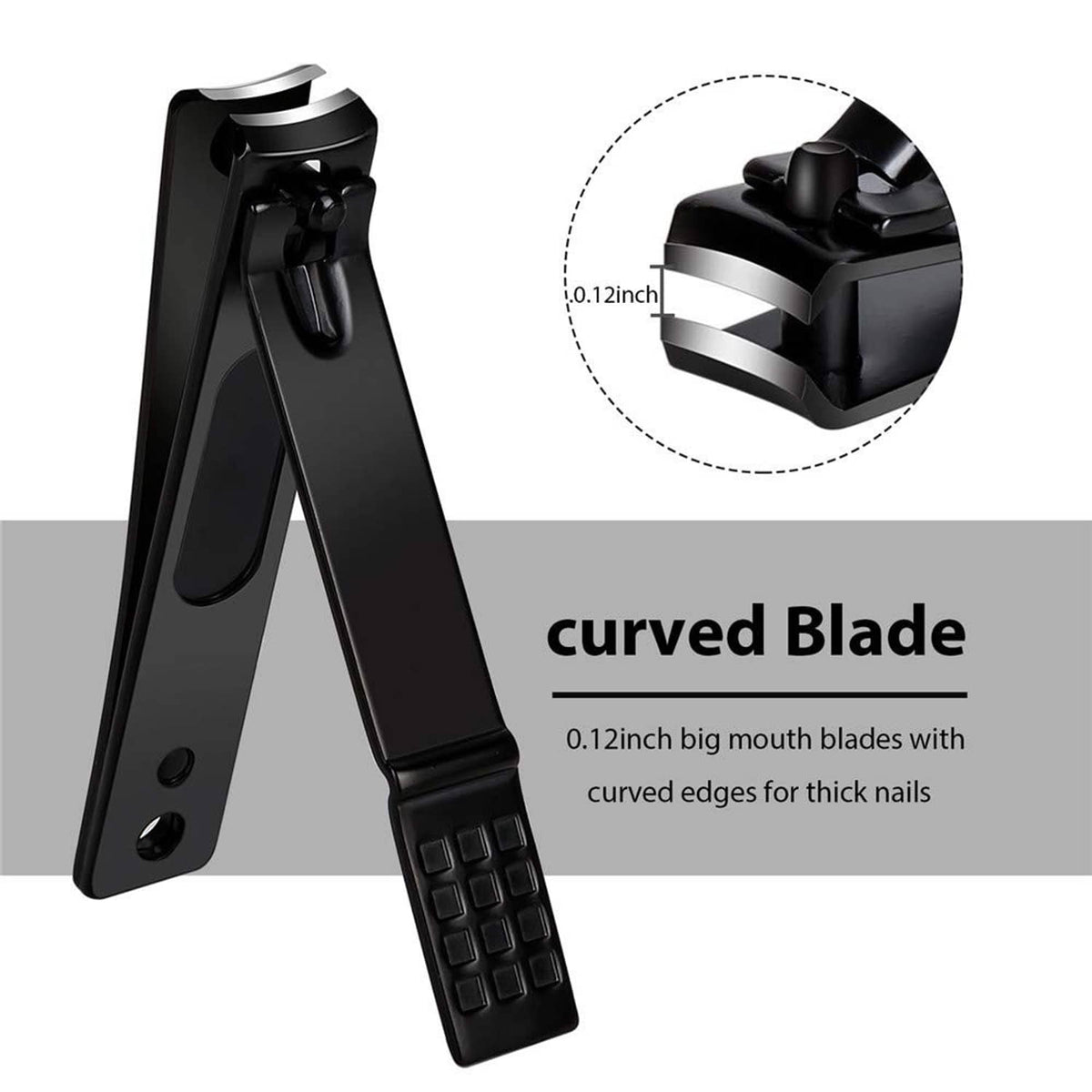 Black wide-jaw nail clippers with curved blade and long handle for thick nails