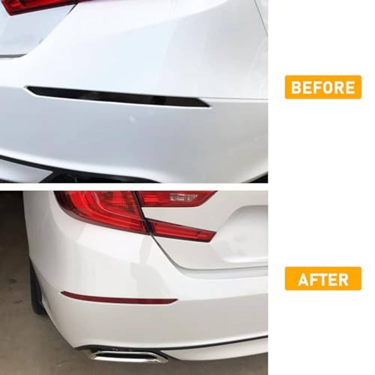 Rear bumper area with red reflector upgrade, showing before and after