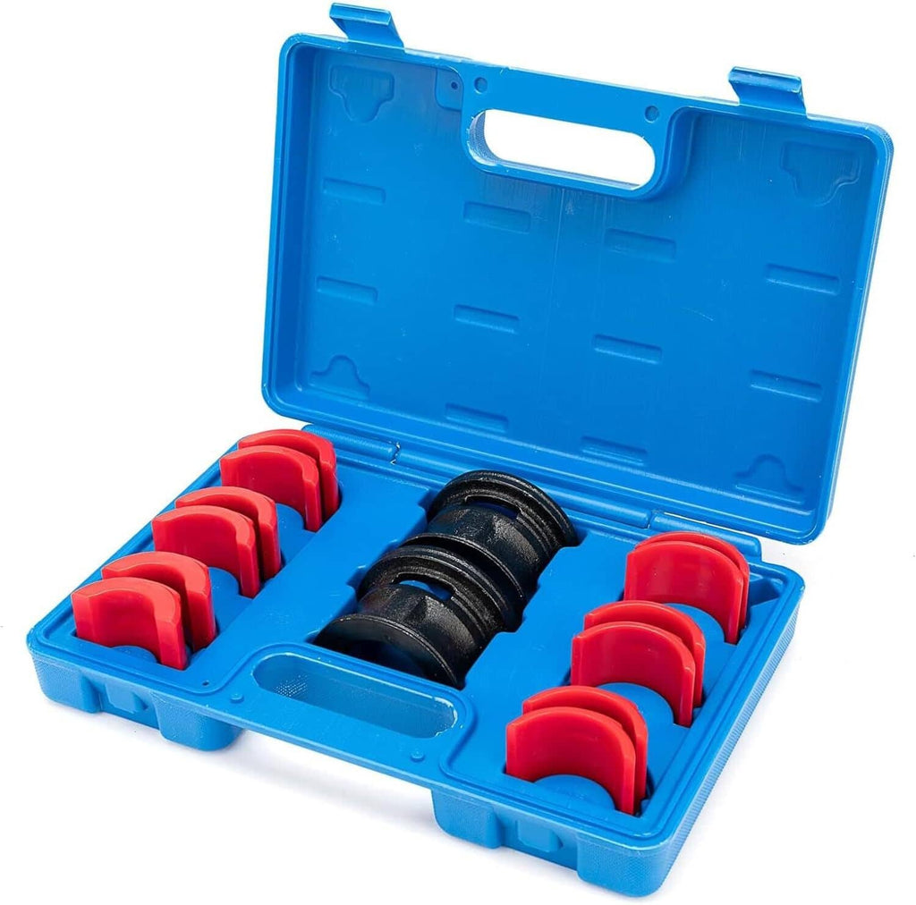 Motorcycle fork seal installer driver kit in blue plastic case with red adapters and black drivers