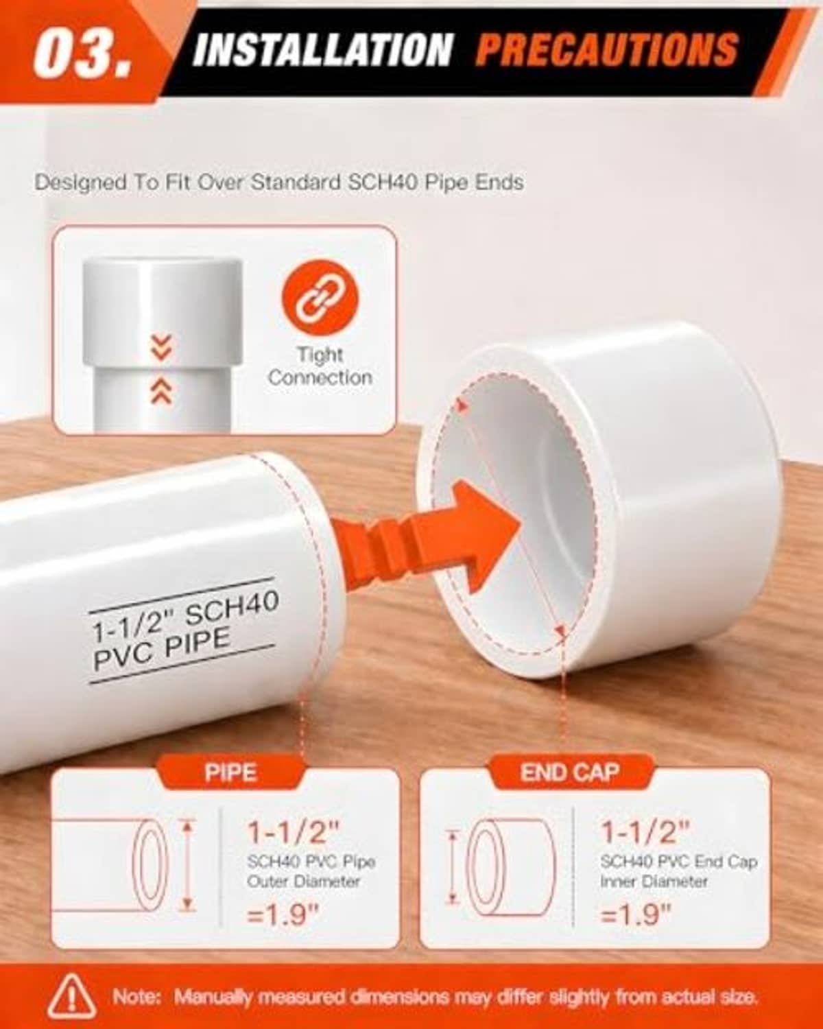 White SCH40 PVC pipe end cap shown fitting over a 1-1/2 inch PVC pipe end
