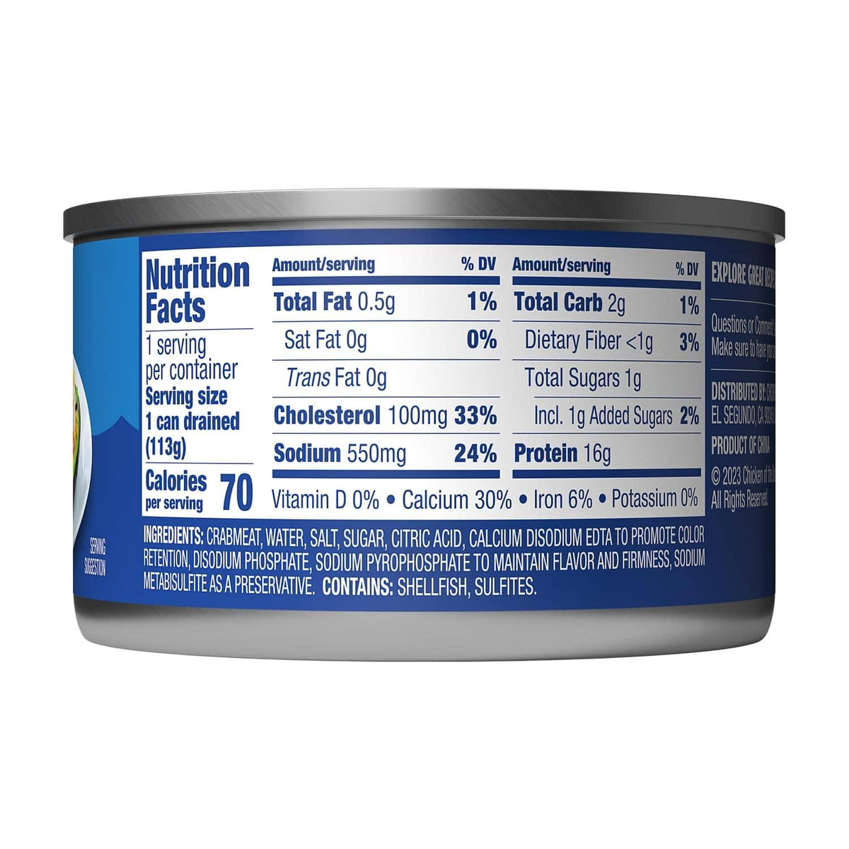 Chicken of the Sea white crabmeat nutrition facts panel on can