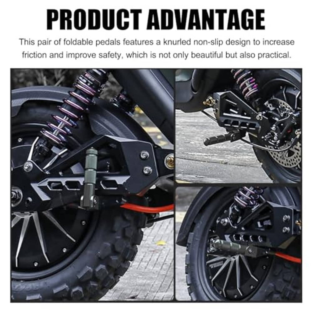 Black foldable foot peg close-up with textured grip and metal pivot/linkage