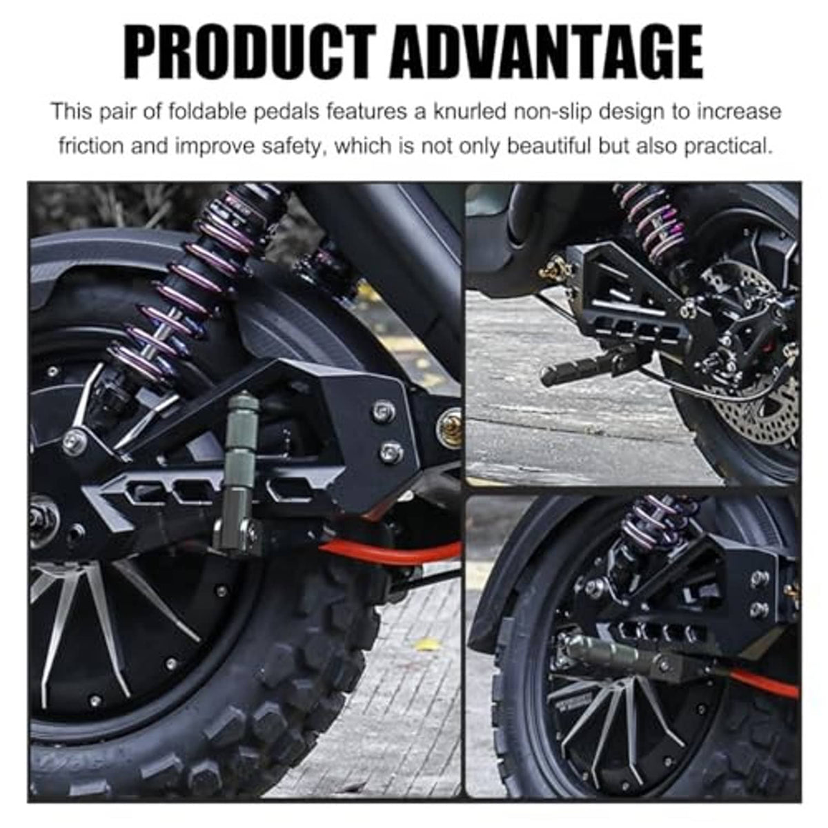 Black foldable foot peg close-up with textured grip and metal pivot/linkage