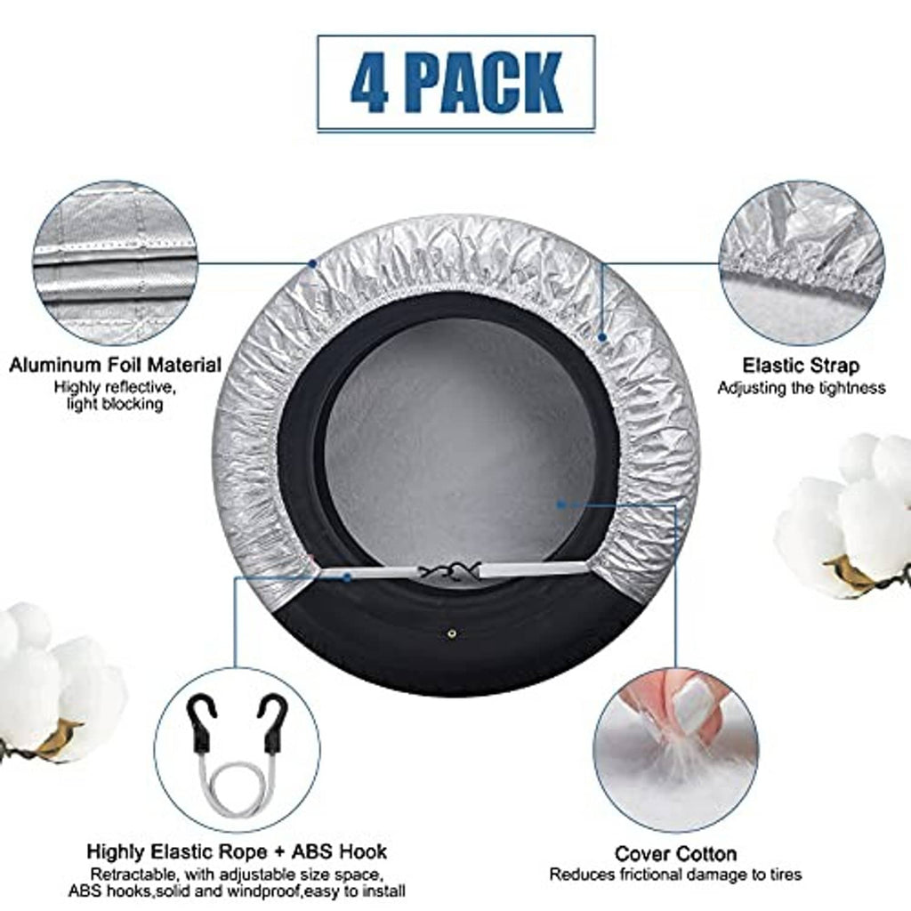 RV tire cover 4-pack with elastic strap and ABS hook features on gray cover