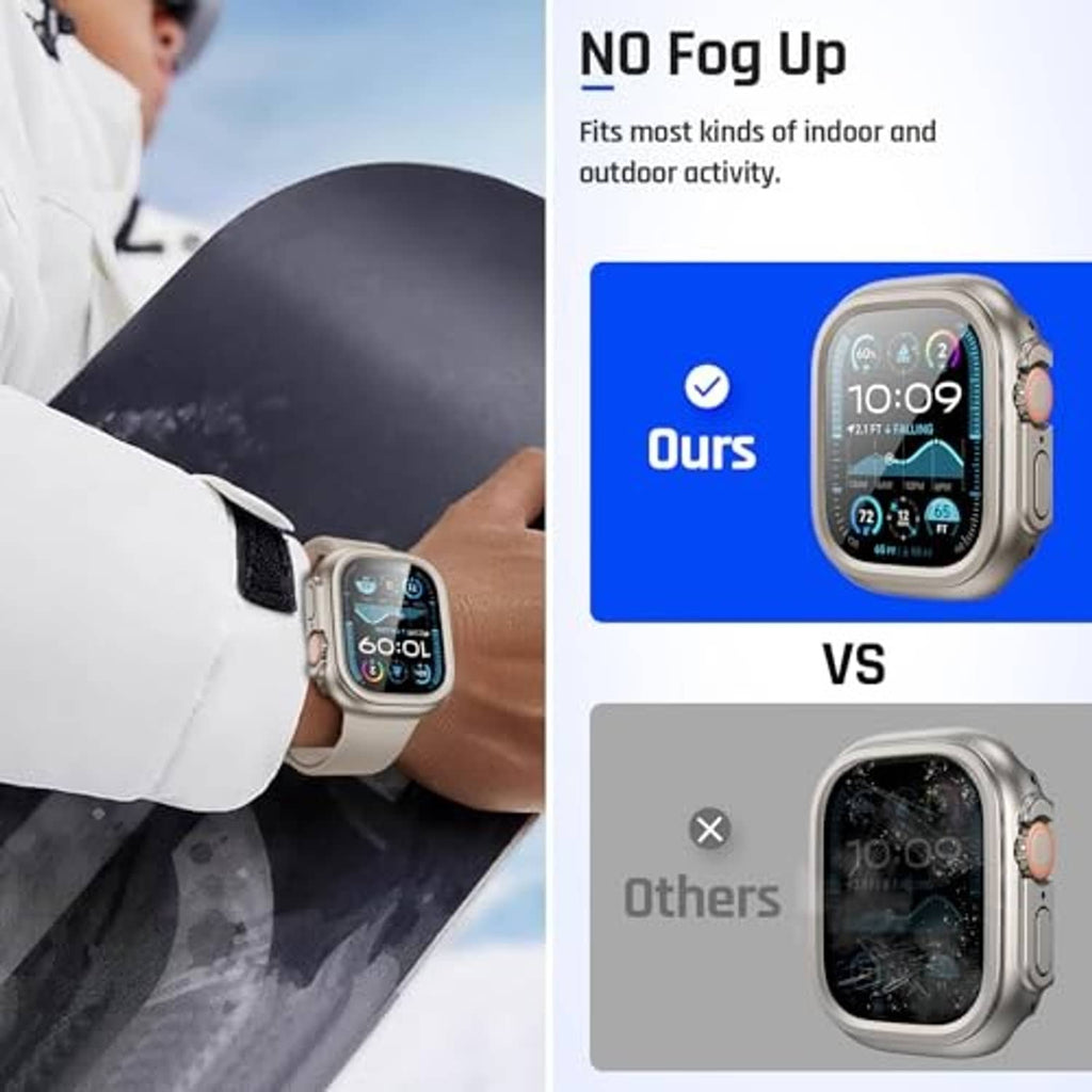 Waterproof Apple Watch case on wrist, titanium frame with clear screen cover