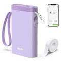 Purple Nelko label maker with strap and label tape roll, Bluetooth printer device