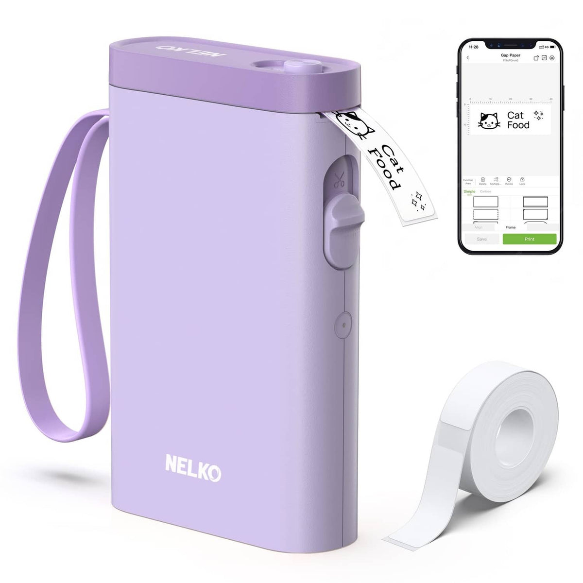 Purple Nelko label maker with strap and label tape roll, Bluetooth printer device