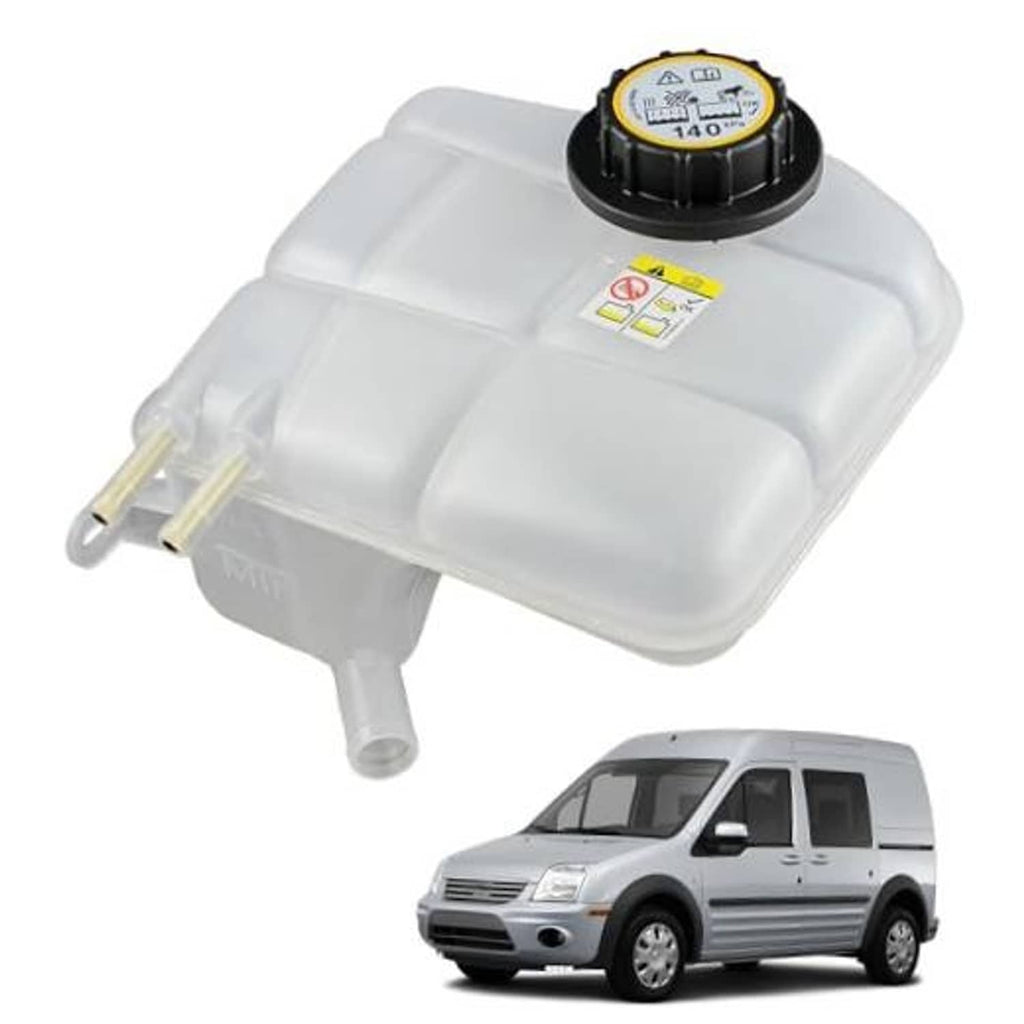 Engine coolant expansion reservoir overflow tank, white with black cap and outlet tubes