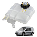 Engine coolant expansion reservoir overflow tank, white with black cap and outlet tubes