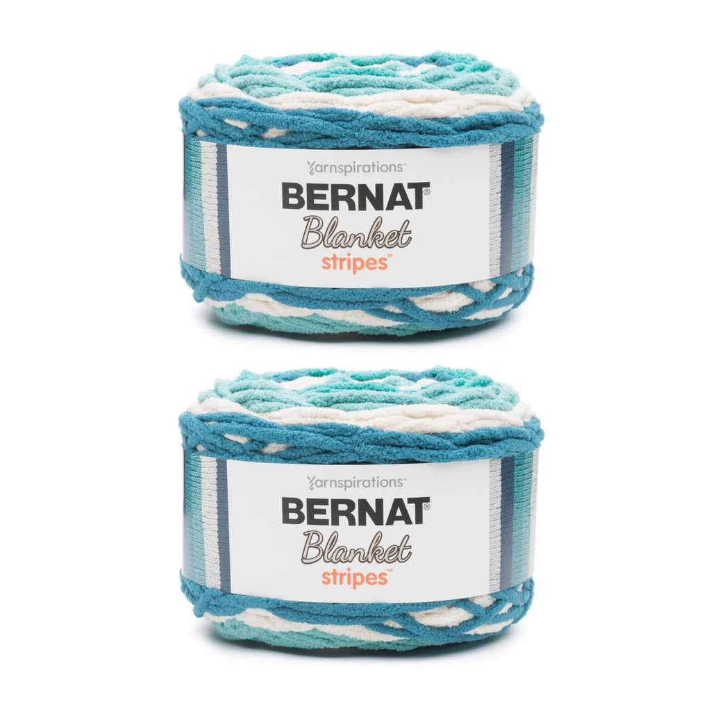Bernat Blanket stripes yarn balls, teal and white striped, 2-pack in banded label.