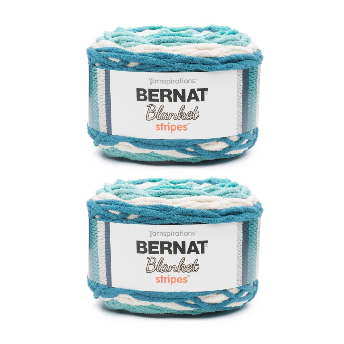 Bernat Blanket stripes yarn balls, teal and white striped, 2-pack in banded label.