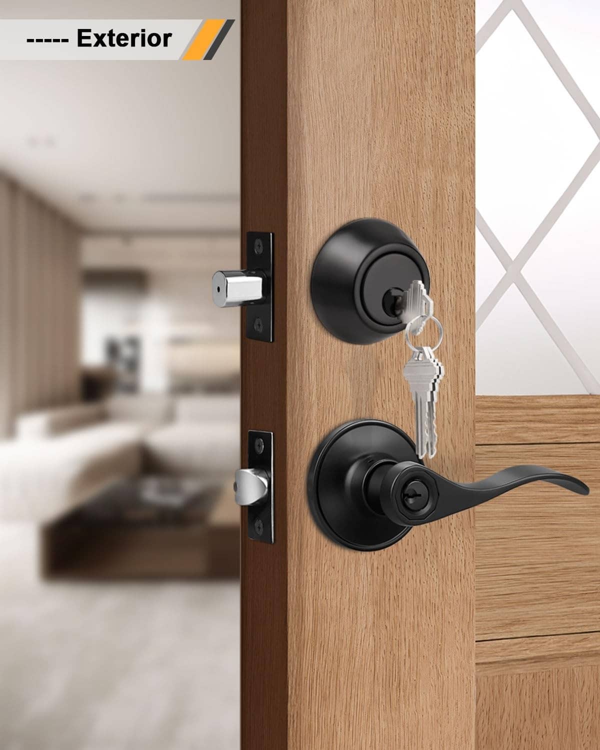 Matte black exterior door lever lockset with key cylinder, keys hanging from ring