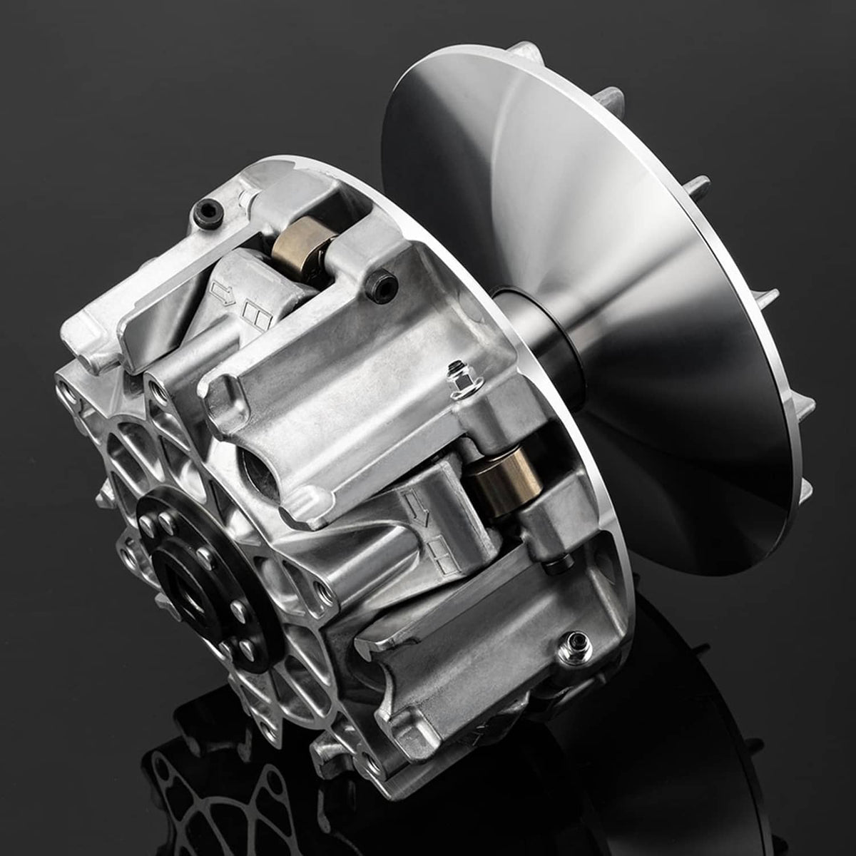 CVT primary drive clutch assembly with silver aluminum housing and large pulley plate