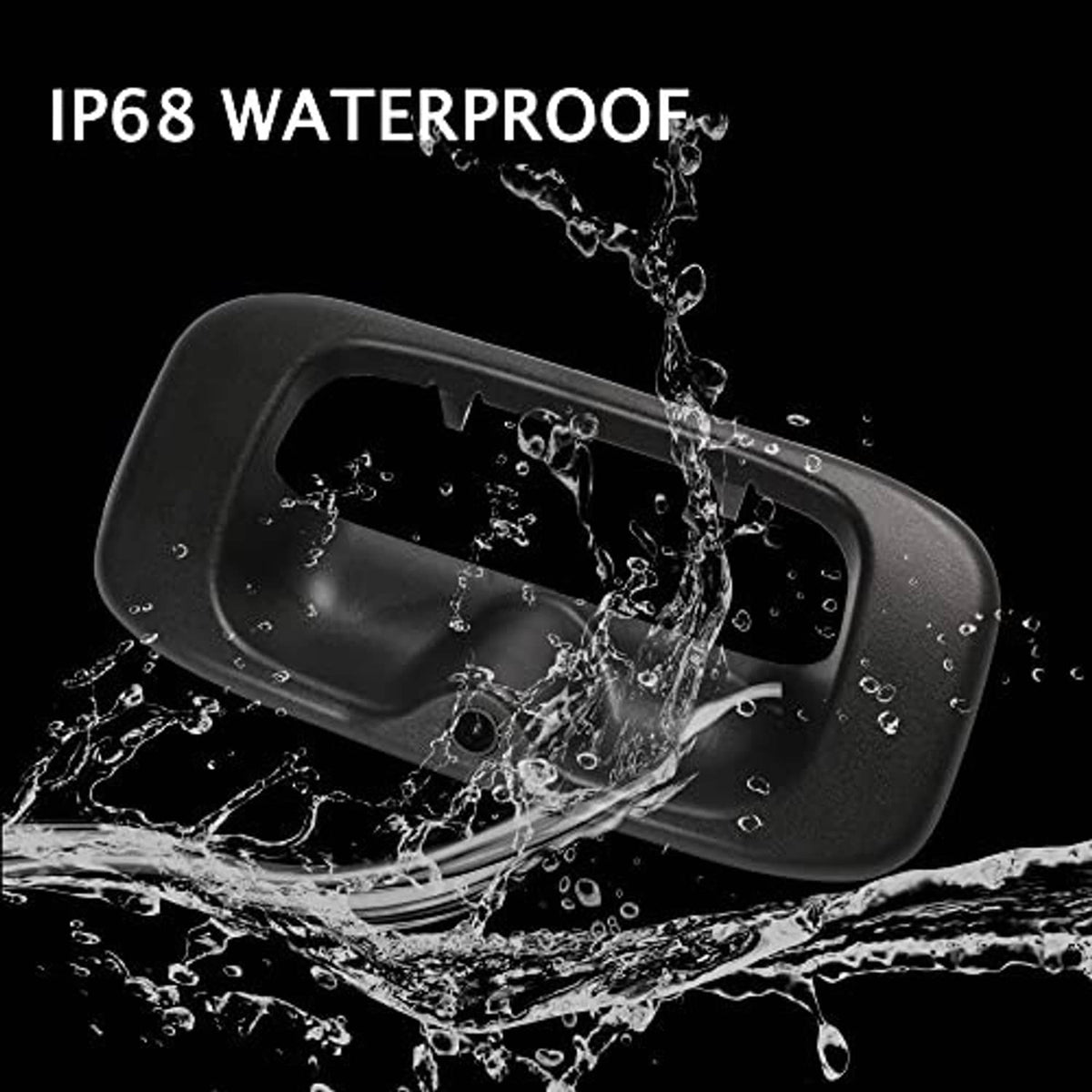 Black backup camera housing with lens opening and water splash effect
