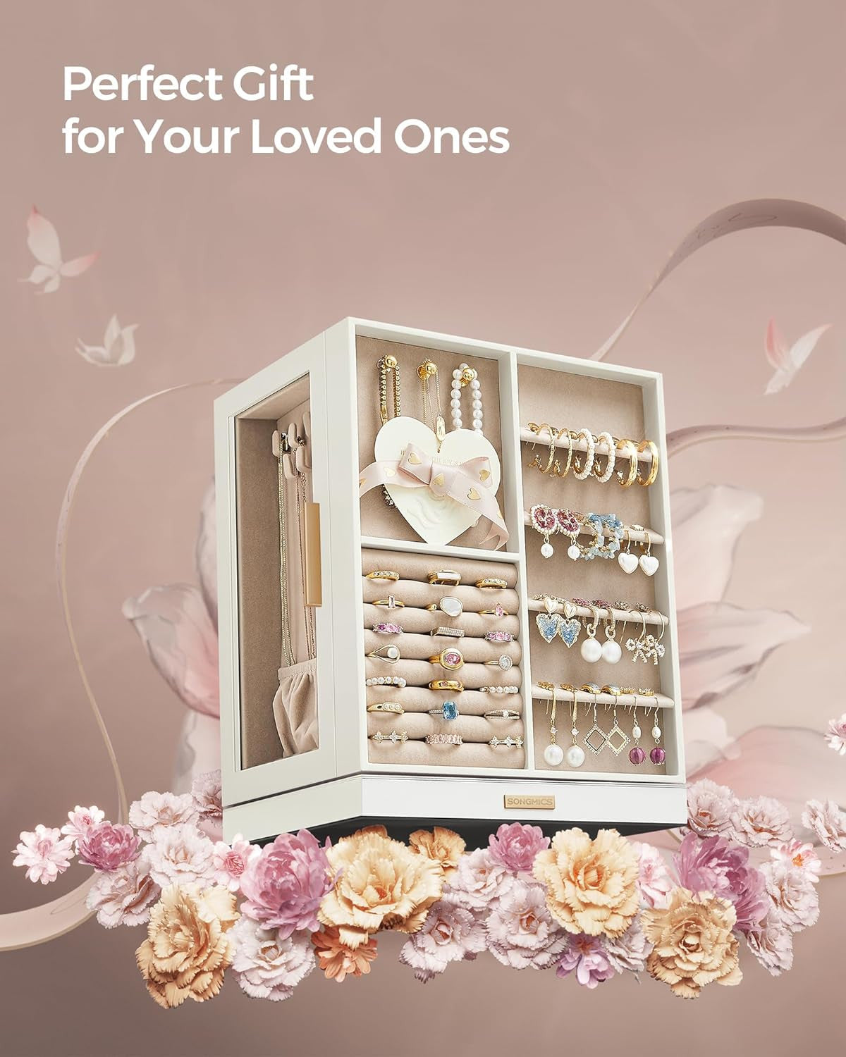 White jewelry cabinet with open compartments for necklaces and earrings, shown front view