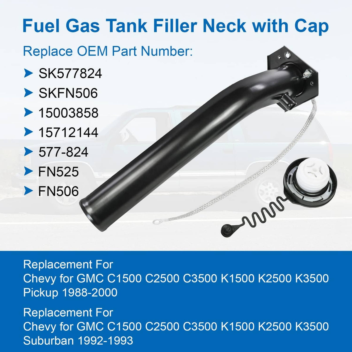 Fuel tank filler neck tube assembly with cap, tether cable, and spring retainer