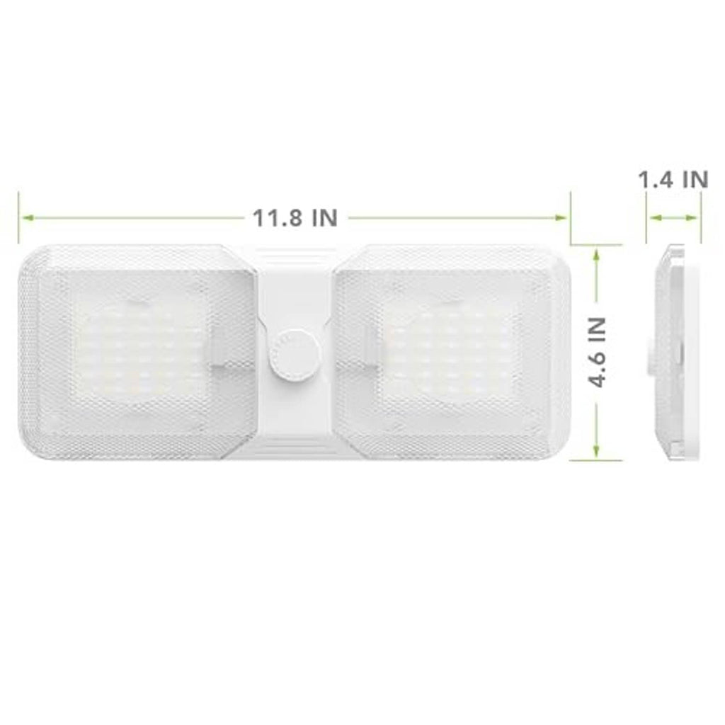 Double dome LED ceiling light fixture, front view with frosted lenses, white dimmer knob