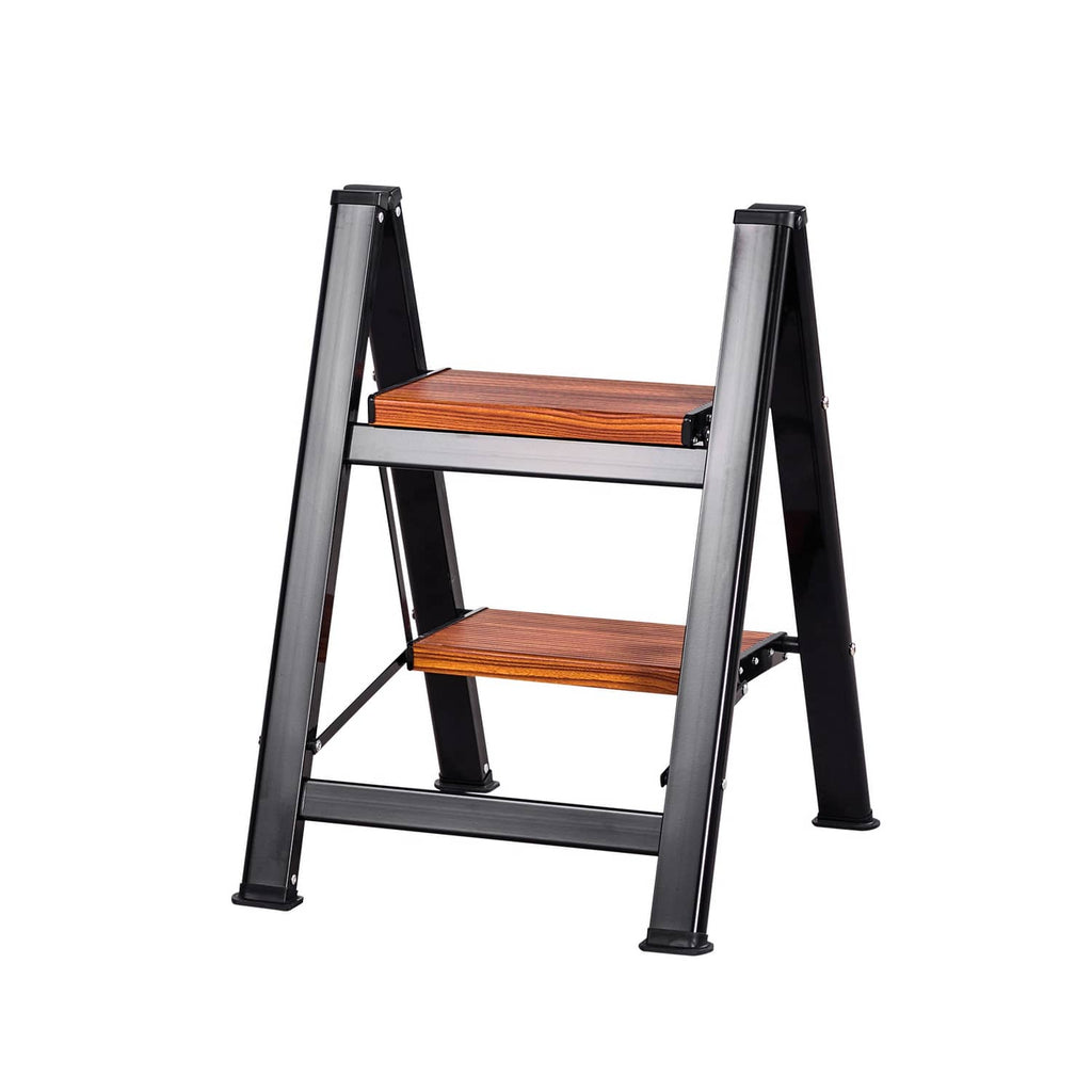 Uimoso 2-step folding aluminum ladder with wide non-slip wood steps, black frame