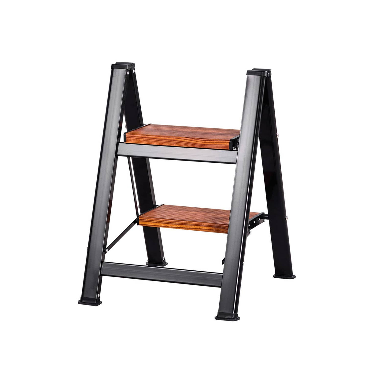 Uimoso 2-step folding aluminum ladder with wide non-slip wood steps, black frame
