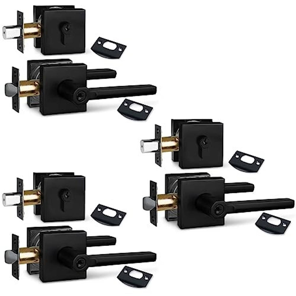 3-pack matte black keyed deadbolt and lever handle sets with strike plates and keys