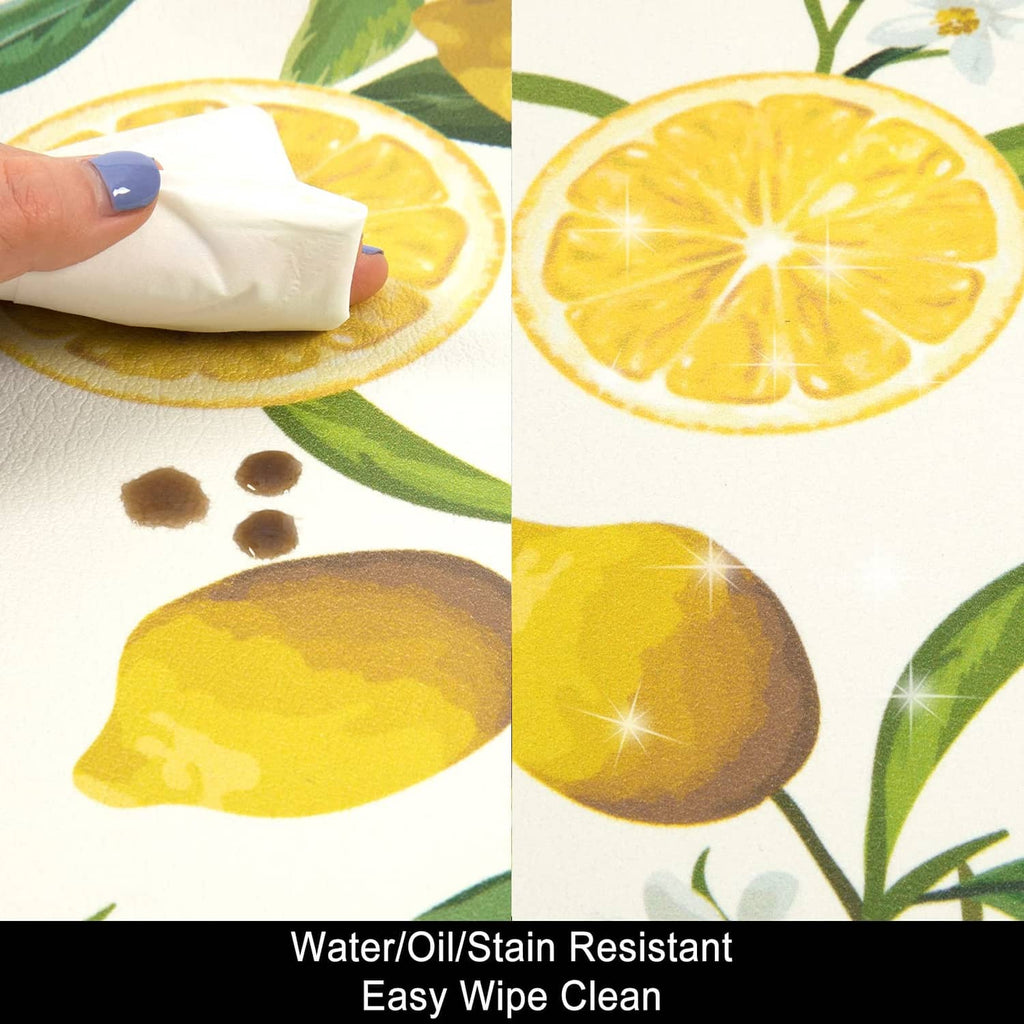 Close-up lemon kitchen rug showing cleaning with a white wipe pad