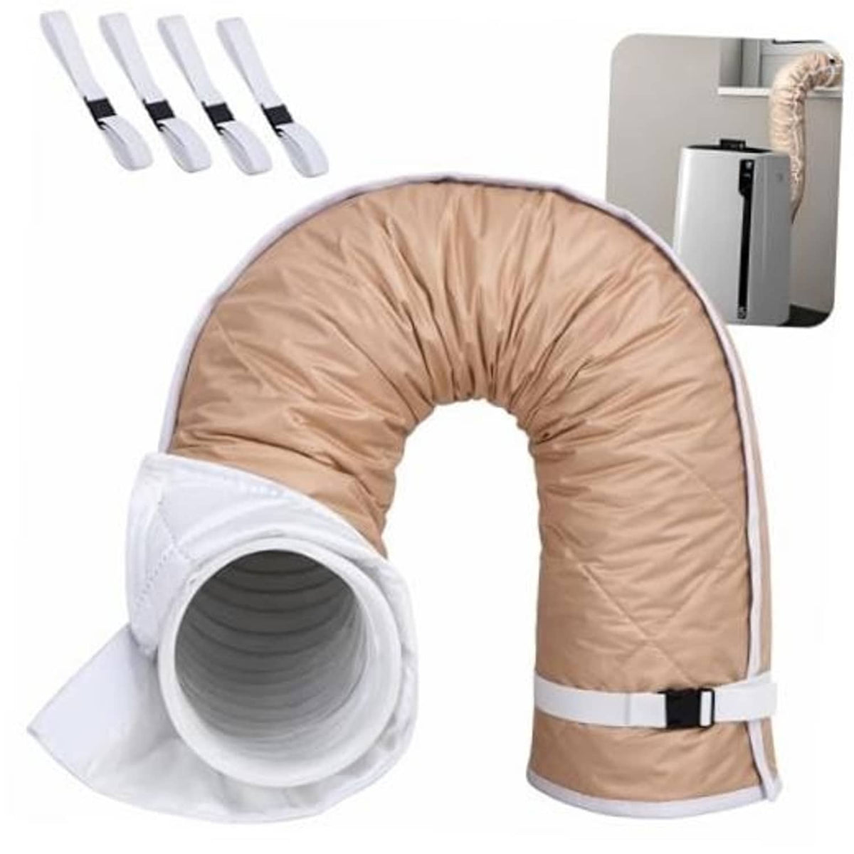 Beige quilted AC exhaust hose cover with white rim and strap, insulated sleeve