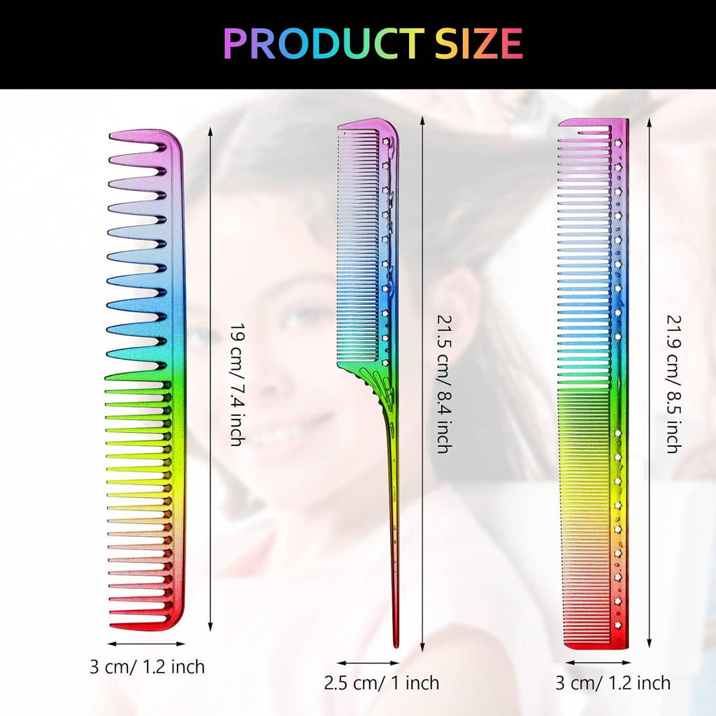 Rainbow fine-tooth comb set with long rat-tail comb and shorter comb sizes